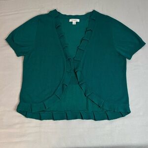 Dress Barn/dressbarn Teal Green Open Front Ruffle Edge Shrug Cardigan Sweater 1X
